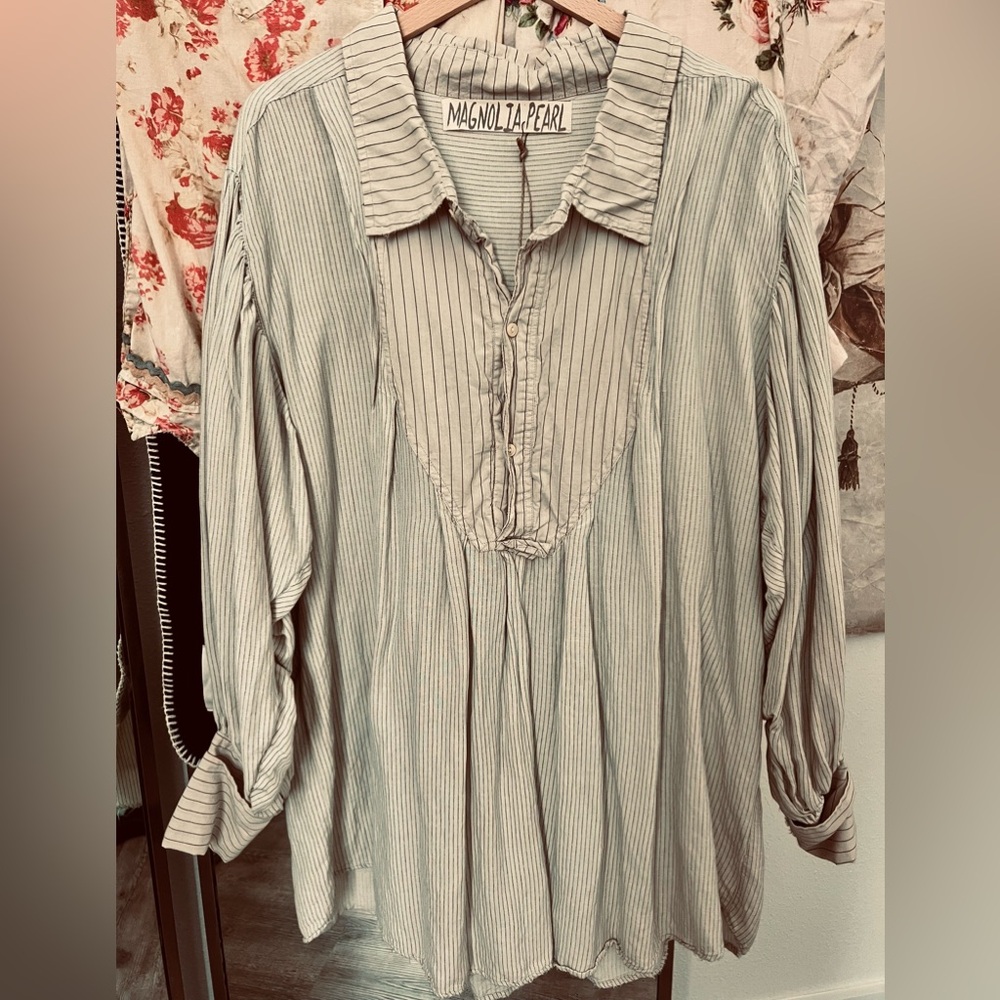 Magnolia Pearl Pinstripe Blouse - Cream and Gray